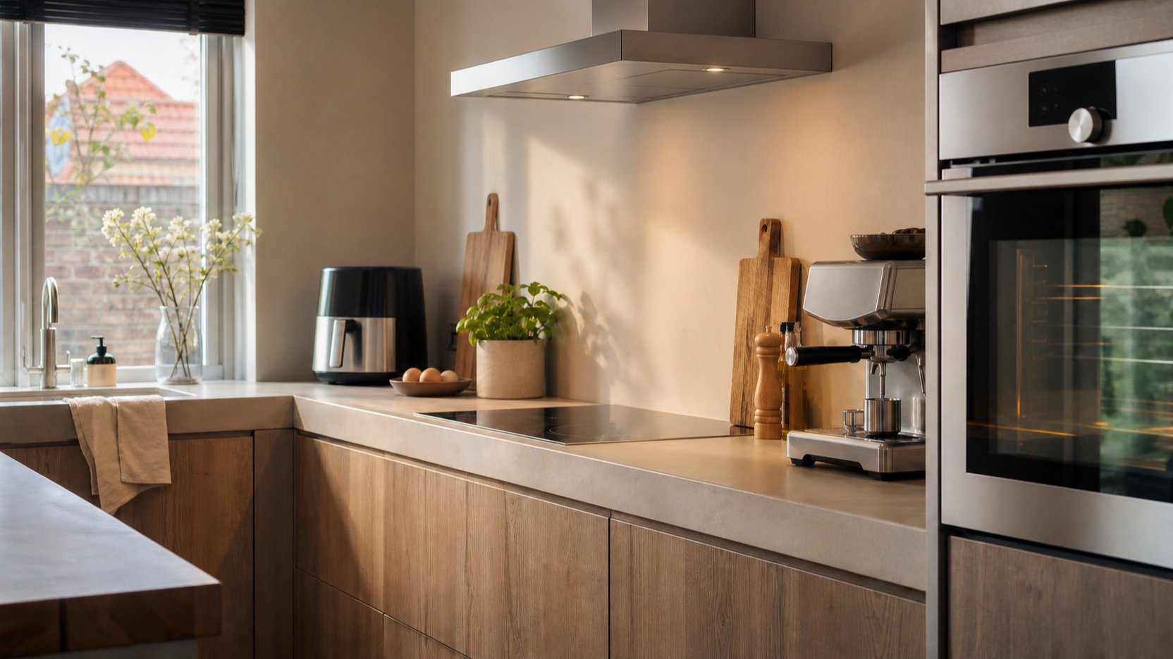 Moderne keuken met roestvrijstalen keukenapparatuur in warm ochtendlicht